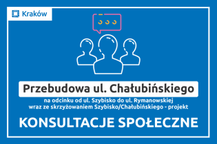 plakat dotyczący rozbudowy ul. Chałubińskiego (schematyczne kontury 3 postaci na niebieskim tle i tekst)