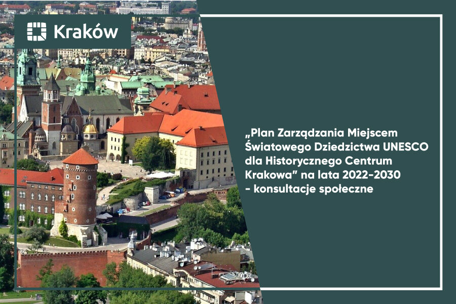 Grafika z napisem Plan Zarządzania Miejscem Światowego Dziedzictwa UNESCO dla Historycznego Centrum Krakowa – konsultacje społeczne na tle Wawelu z lotu ptaka