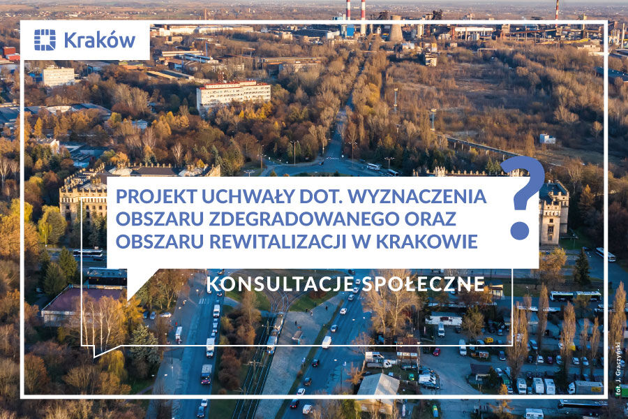 Zdjęcie Nowej Huty - Placu Centralnego z drona w ramie Krakowa białej z niebieskim napisem