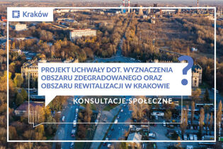 Zdjęcie Nowej Huty - Placu Centralnego z drona w ramie Krakowa białej z niebieskim napisem