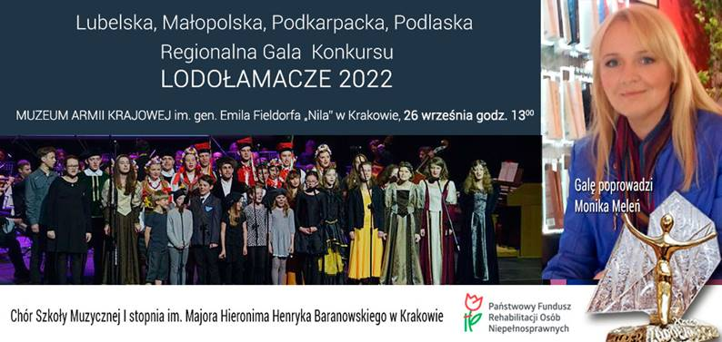 Grafika przedstawia zaproszenie na galę rozdania nagród lodołamacze która odbedzie sie 26 wrzesnia o godz 13 w muzeum armii krajowej w krakowie