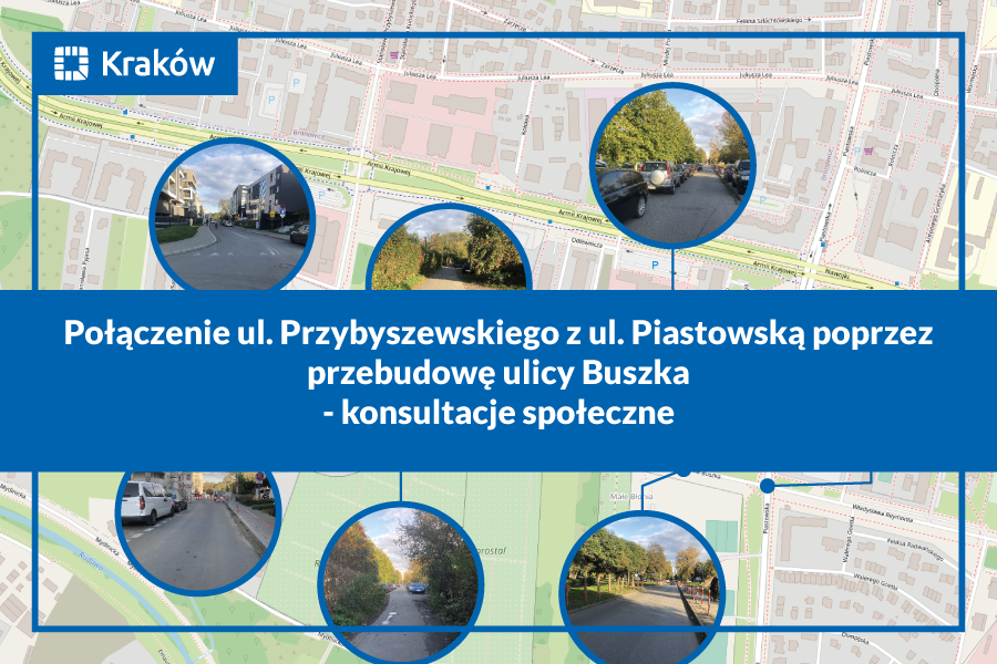fragment planu miasta z ul. Buszka i zdjęciami wybranych punktów tej ulicy