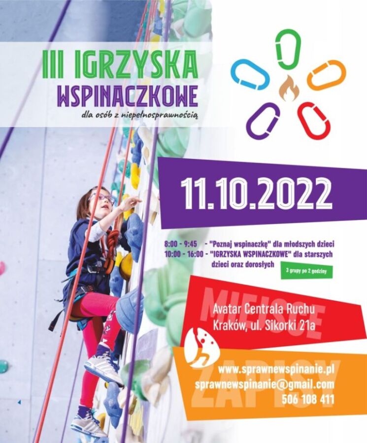 Grafika przedstawia plakat informacyjny na temat wydarzenia pod nazwą trzecie igrzyska wspinaczkowe organizowane przez fundację sprawne wspinanie