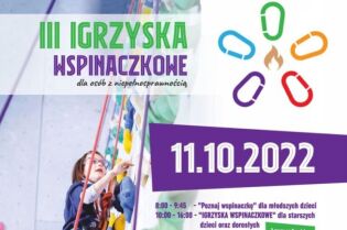 Grafika przedstawia plakat informacyjny na temat wydarzenia pod nazwą trzecie igrzyska wspinaczkowe organizowane przez fundację sprawne wspinanie