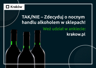 Tekst:TAK/NIE – Zdecyduj o nocnym handlu alkoholem w sklepach! 
Weź udział w ankiecie: krakow.pl
Z lewej: 3 ciemne butelki na czarnym tle w białej ramie Krakowa.