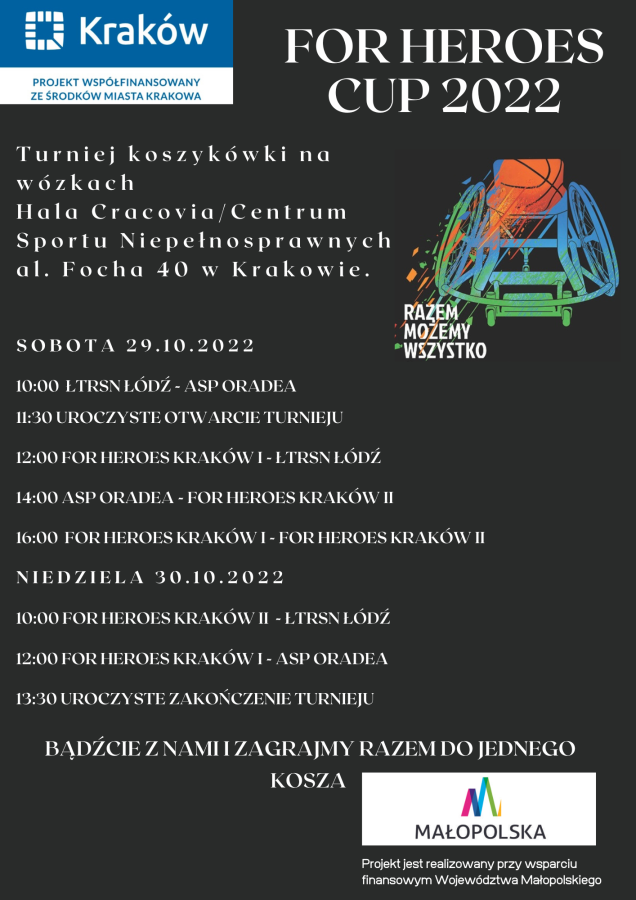 plakat przedstawiający zaproszenie na turniej koszykówki na wózkach for heroes cup 2022 