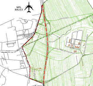 granice projektu miejscowego planu zagospodarowania przestrzennego obszaru Balice I. Fot. Obywatelski Kraków