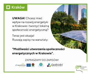 Zdjęcie wierzowców, drzew, krzewów i paneli fotowolaicznych
Napis: UWAGA! Chcesz mieć wpływ na rozwój energetyki w Krakowie i tworzyć lokalną społeczność energetyczną?
Teraz jest okazja!
Ruszają zapis