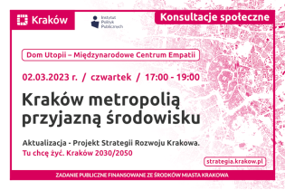 ogłoszenie o spotkaniu na tle zarysu planu centrum Krakowa
