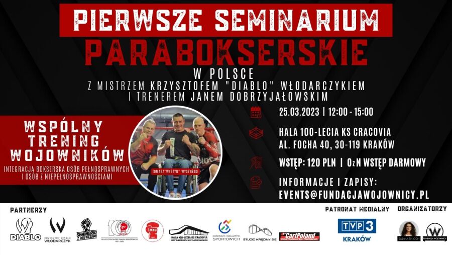 Grafika przedstawiająca zaproszenie na seminarium parabokserskie które odbedzie się 25 marca w hali 100 lecia sportu al fosza 40