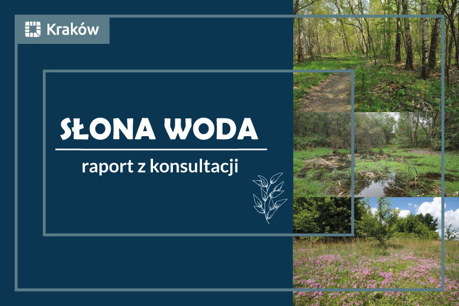 zdjęcia drzew i zieleni z obszaru planowanego użytku ekologicznego „Słona Woda”, po lewej stronie na niebieskim tle napis: Słona Woda raport z konsultacji
