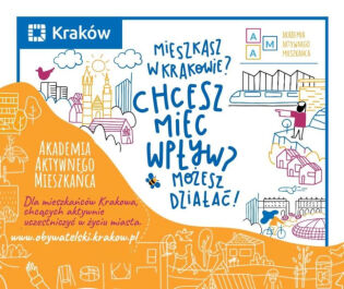 Kolarz rysunkowy przedstawiający rożne aktywności mieszkańców i elementy zieleni oraz architektury miejskiej i Krakowa