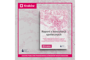 Widok zarysu planu Krakowa i napis: Raport z konsultacji społecznych 
Projekt Strategii Rozwoju Krakowa. Tu chcę żyć. Kraków 2030/2050 stanowiący aktualizację Strategii Rozwoju Krakowa. Tu chcę żyć
