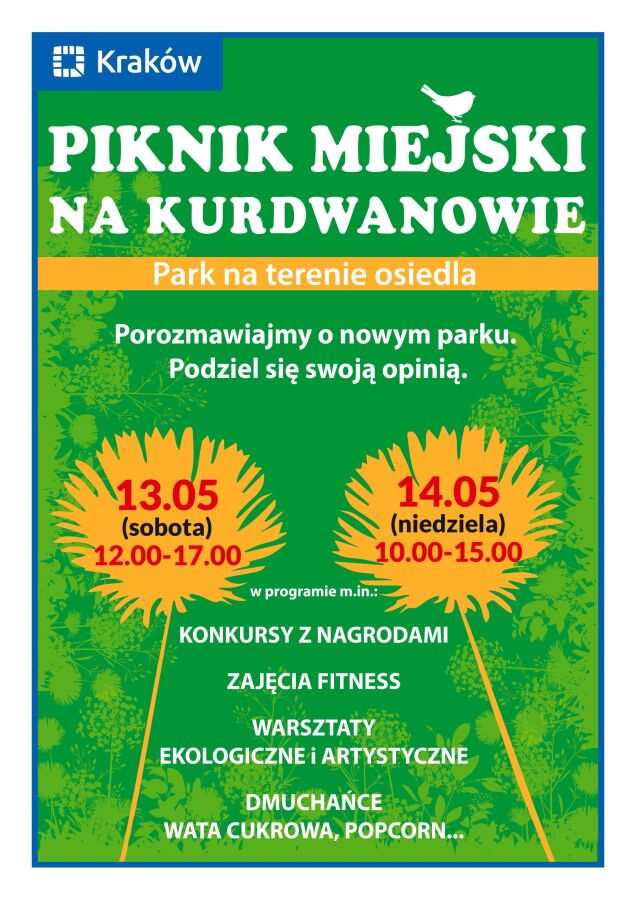 Rysunek przedstawiający zarys roślin, dmuchawców i sylwetki ptaka oraz napis: Piknik miejski w Parku Kurdwanowie
Park na terenie osiedla
Porozmawiajmy o nowym parku.
Podziel się swoją opinią.