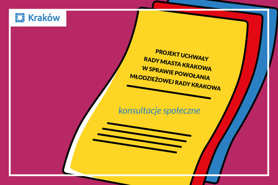 rysunek kilku kolorowych stron maszynopisu z napisem:
Projekt Uchwały Rady Miasta Krakowa w sprawie powołania Młodzieżowej Rady Krakowa konsultacje społeczne