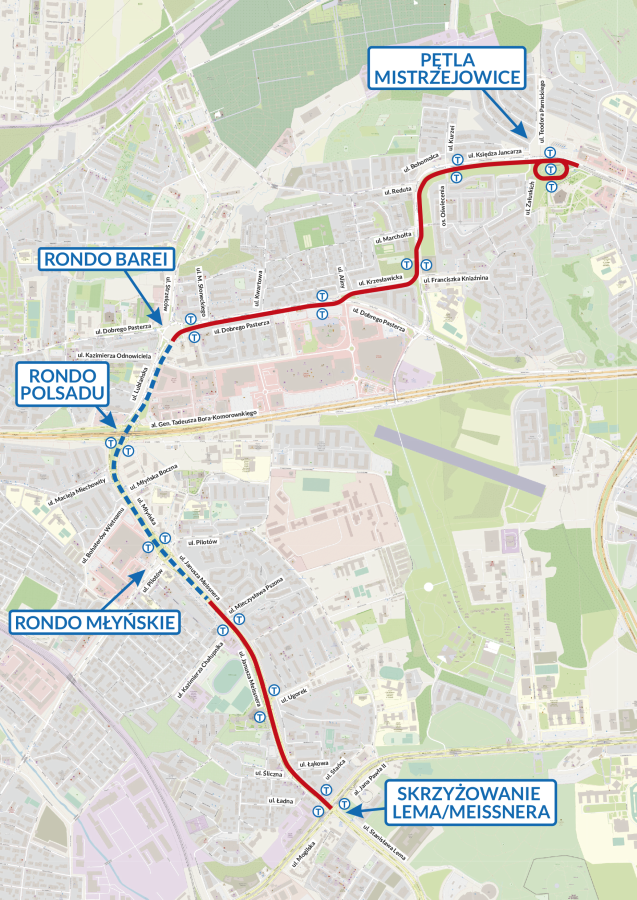 mapa przejazdu tramwaju do Mistrzejowic 