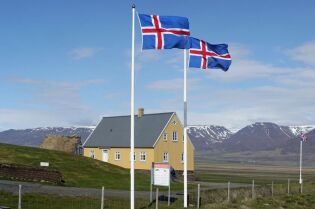 Flagi Islandii na tle domów i krajobrazu