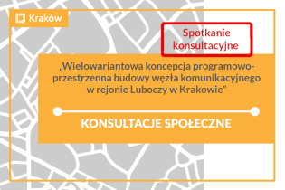 schematyczny zarys fragmentu planu Krakowa i napis Wielowariantowa koncepcja programowo-przestrzenna budowy węzła komunikacyjnego w rejonie Luboczy –  konsultacje społeczne