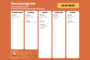 Harmonogram specjalistycznych porad w Punkcie Informacyjnym od 3.07 do 9.07