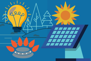 Rysunek przedstawiający, słońce, drzewa, panel solarny, żarówkę i palnik gazowy