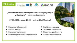 Zaproszenie na spotkanie prezentujące raport na temat energetyki obywatelskiej online 27 września 2023 roku 