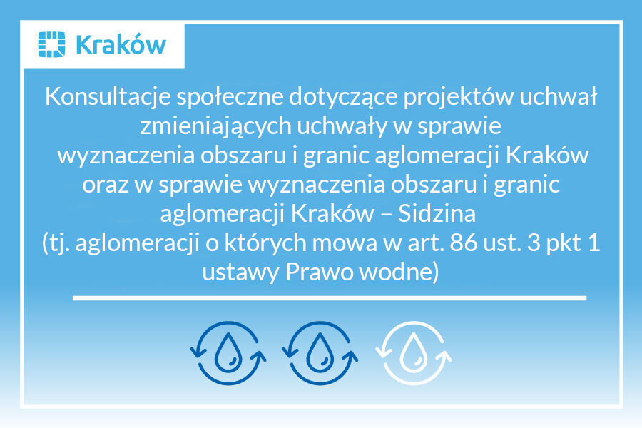 Napis na niebieskim tle: konsultacje społeczne dotyczące projektów uchwał zmieniających uchwały w sprawie wyznaczenia obszaru i granic aglomeracji Kraków oraz 