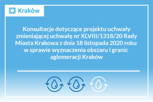 Rysunek kropli wody na niebieskim tle i napis: Konsultacje dotyczące projektu uchwały zmieniającej uchwałę  w sprawie wyznaczenia obszaru i granic aglomeracji Kraków