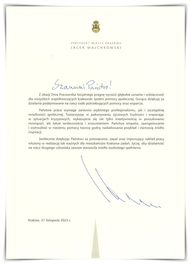 Życzenia Prezydenta Krakowa z okazji Dnia Pracownika Socjalnego 2023