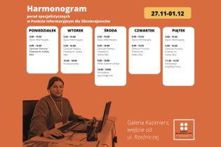 Harmonogram porad w Punkcie Informacyjnym dla Obcokrajowców od 27.11-1.12. Fot. Centrum Wielokulturowe w Krakowie