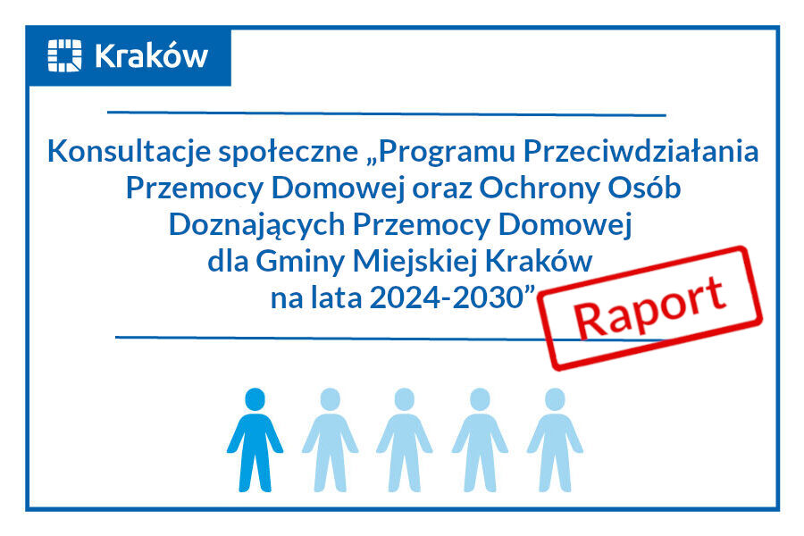 Rysunek pięciu niebieskich ludzików i napis Konsultacje „Programu Przeciwdziałania Przemocy Domowej oraz Ochrony Osób Doznających Przemocy Domowej dla Gminy Miejskiej Kraków na lata 2024-2030