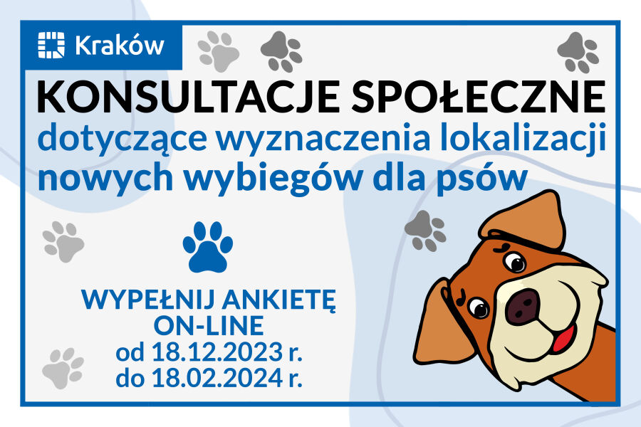 Rysunek przedstawiający portret psa i napis: Konsultacje społeczne dotyczące wyznaczenia lokalizacji nowych wybiegów dla psów