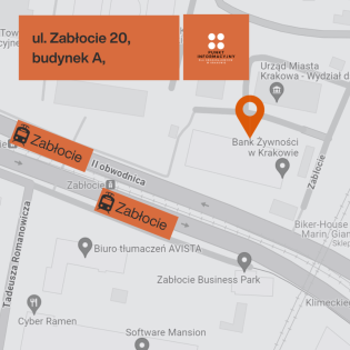 Mapka z lokalizacją Centrum Wielokulturowego i Punktu Informacyjnego dla Obcokrajowców 
