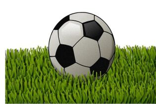 Grafika przedstawia piłkę nożną, leżącą na murawie.