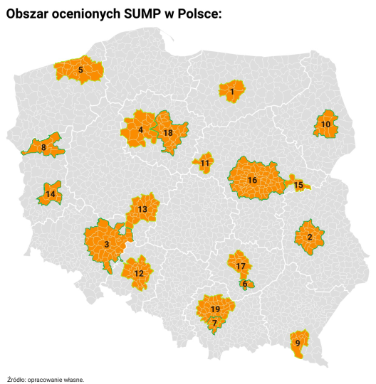 Mapa obrazuje obszary ocenionych dotąd w Polsce obszarów objętych SUMP
