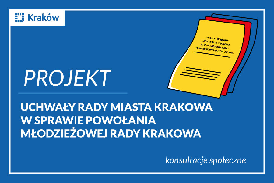 Rysunek przedstawiający kolorowe kartki papieru z napisem Projektu Uchwały Rady Miasta Krakowa w sprawie powołania Młodzieżowej Rady Krakowa