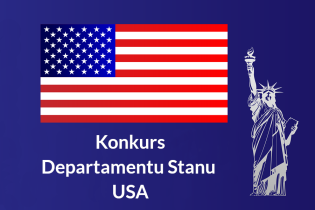 Rysunek  przedstawiający na ciemnoniebieskim tle flagę USA i Statuę Wolności oraz napis: Konkurs Departamentu Stanu USA