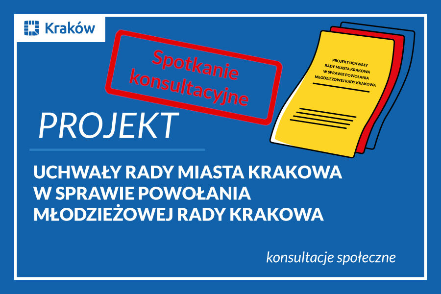Rysunek przedstawiający kolorowe kartki papieru z napisem Projektu Uchwały Rady Miasta Krakowa w sprawie powołania Młodzieżowej Rady Krakowa i pieczątka 