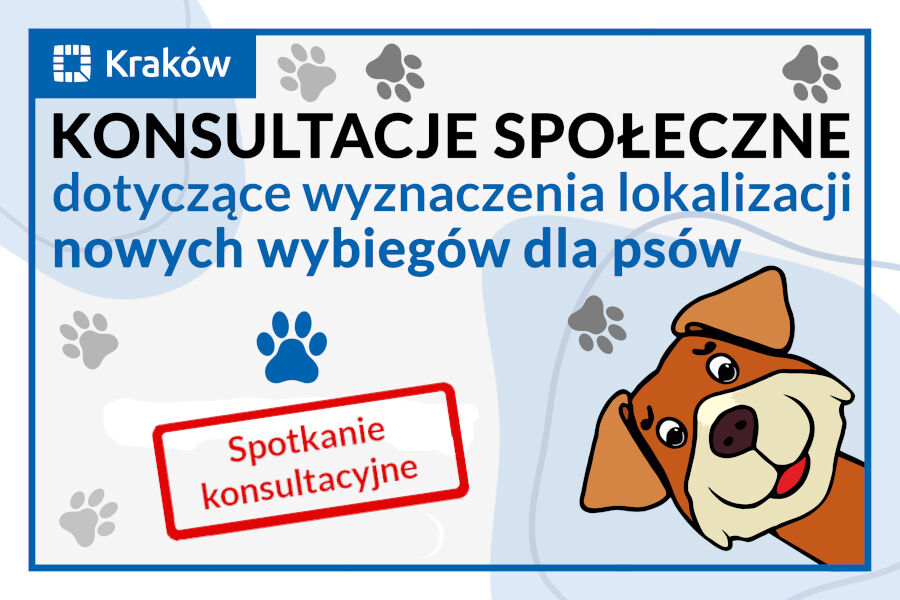 Rysunek przedstawiający portret psa i napis: Konsultacje społeczne dotyczące wyznaczenia lokalizacji nowych wybiegów dla psów, spotkanie konsultacyjne