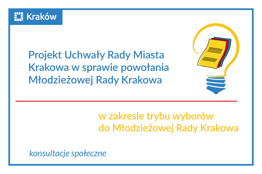 Rysunek przedstawiający plik zapisanych kartek papieru na tle sylwetki żarówki i napis: Projekt Uchwały Rady Miasta Krakowa w sprawie powołania Młodzieżowej Rady Krakowa