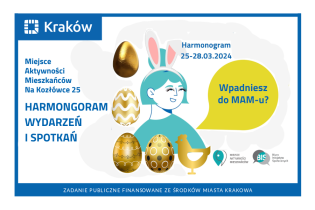 Harmonogram wydarzeń Miejsca Aktywności Mieszkańców Na Kozłówce 25 od 25 do 28 marca 2024 r.. Fot. Obywatelski Kraków