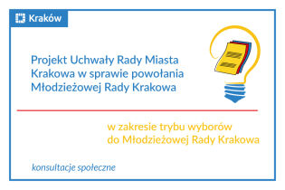 Rysunek przedstawiający plik zapisanych kartek papieru na tle sylwetki żarówki i napis: Projekt Uchwały Rady Miasta Krakowa w sprawie powołania Młodzieżowej Rady Krakowa
