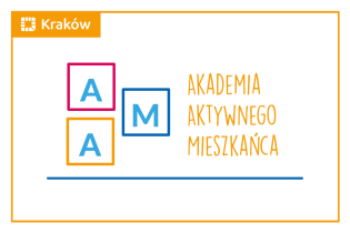 Rysunek przedstawiający 3 kolorowe kwadraty z literami AAM i napis Akademia Aktywnego Mieszkańca