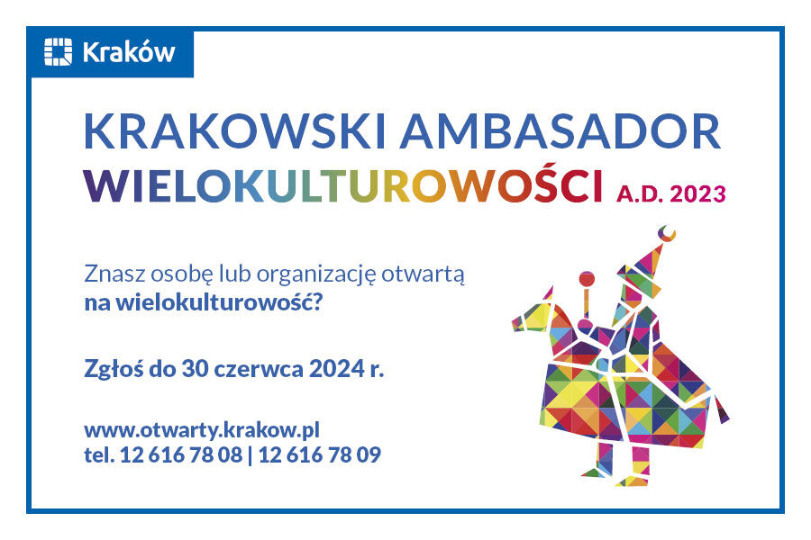 Wielokolorowy Lajkonik na białym tle, a nad nim napis: Krakowski Ambasador Wielokulturowości A.D. 2023 