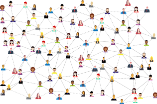 Grafika przedstawia sieć postaci osób.