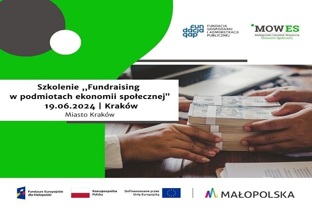Grafika przedstawia zaproszenie na Szkolenie - Fundraising w podmiotach ekonomii społecznej - Kraków
