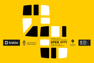 Grafika przedstawia zaproszenie na Festiwal Sztuki w Przestrzeni Publicznej OPEN CITY