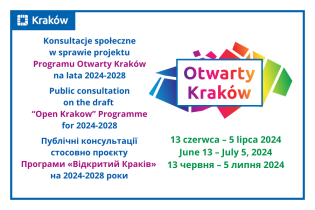 Kolorowy napis: Konsultacje społeczne w sprawie projektu Programu Otwarty Kraków na lata 2024 – 2028.
13 czerwca – 5 lipca 2024 r. w językach: polskim, angielskim i ukraińskim