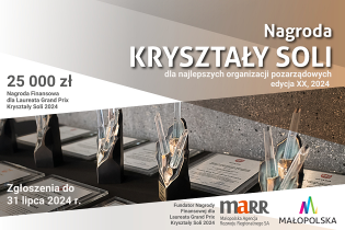 Grafika przedstawia zaproszenie do udziału w tegorocznej dwudziestej już edycji do nagrody Marszałka Województwa Małopolskiego dla najlepszych organizacji pozarządowych pod nazwą KRYSZTAŁY SOLI 2024