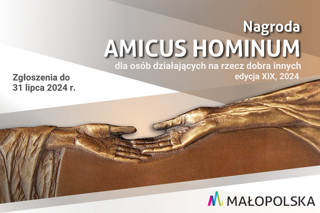 Grafika przedstawia zaproszenie do zgłoszenia kandydata do nagrody Amicus Hominum 2024