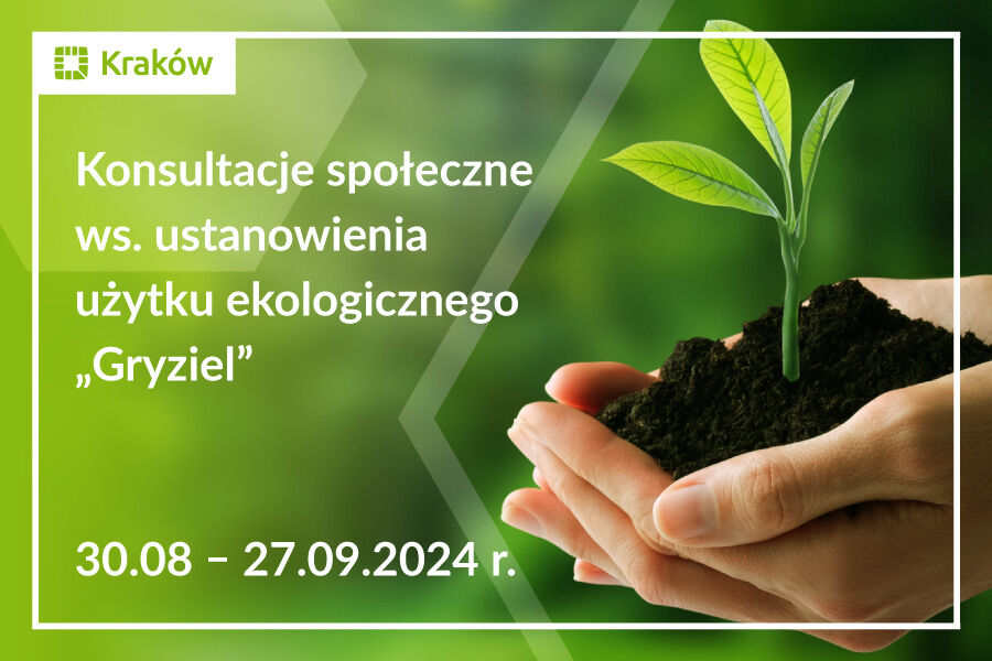 Zdjęcie przedstawiające sadzonkę rośliny trzymaną w dłoniach i napis: konsultacje społeczne dotyczące ustanowienia użytku ekologicznego „Gryziel”